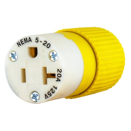 Bryant Straight Blade Connector, 5-20R, 20 A, 125V AC, 2 Pole, 3 Wire, Screw Terminals, Yellow BRY5369NCCR